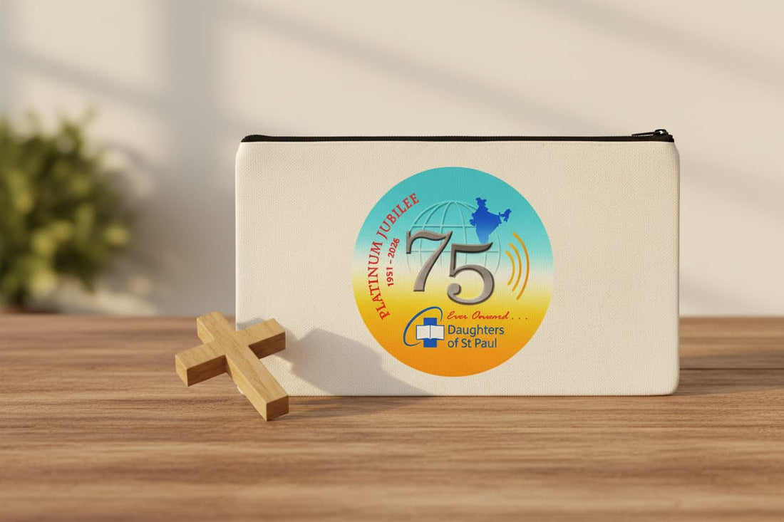 A milestone commission. TwinkleBean crafted 300 custom canvas pouches for the Daughters of St. Paul's 75th Platinum Jubilee in Bangalore — each one a keepsake of faith, beautifully paired with a New Testament Bible.