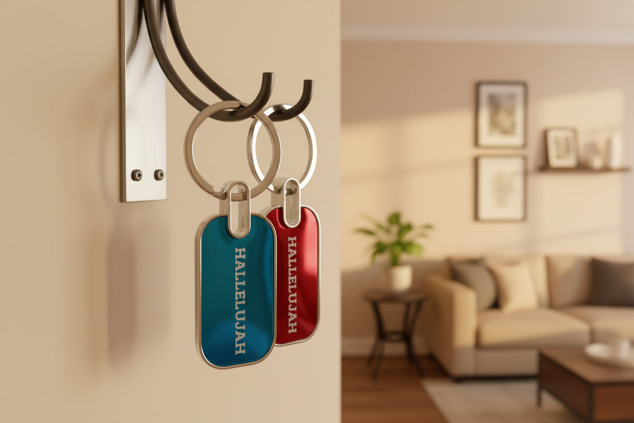 Blue and Red Keychains with metallic lustre (Reflects light)