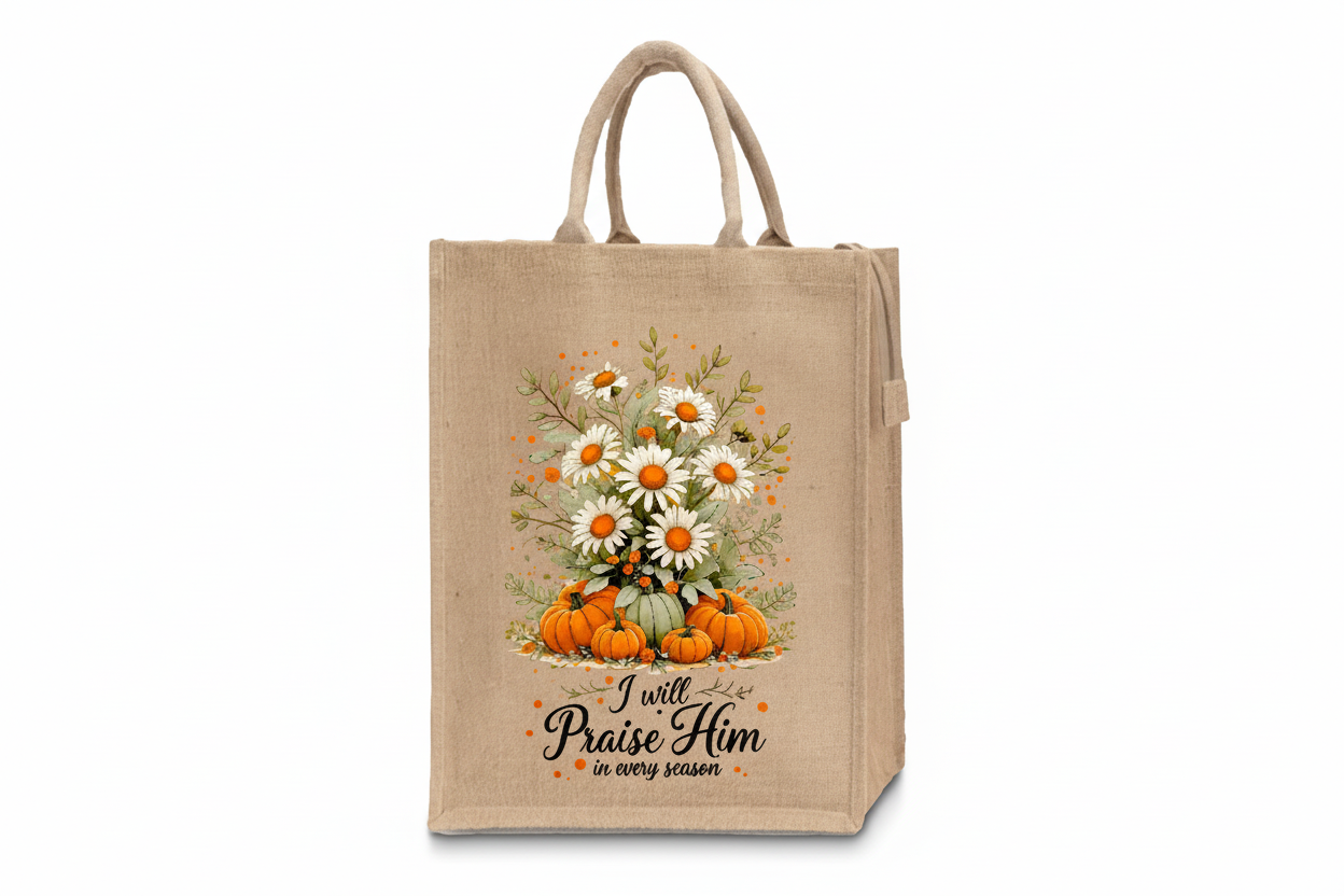 Beige tote bag with floral design and text on a wooden surface
