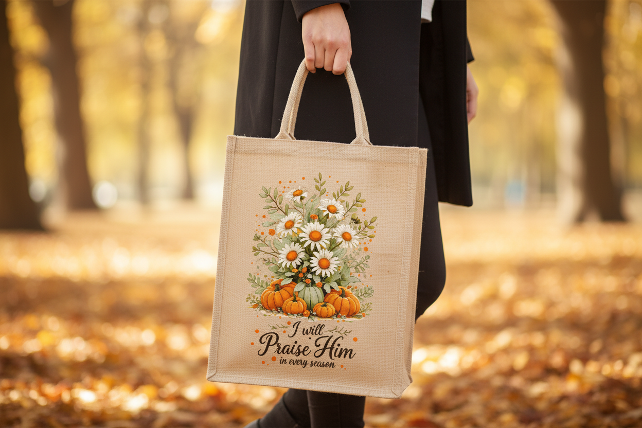 Beige tote bag with floral design and text on a wooden surface
