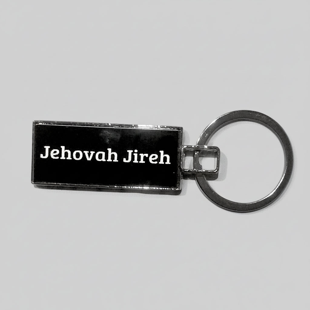 Keychain with 'Jehovah Jireh' text on a gray textured background