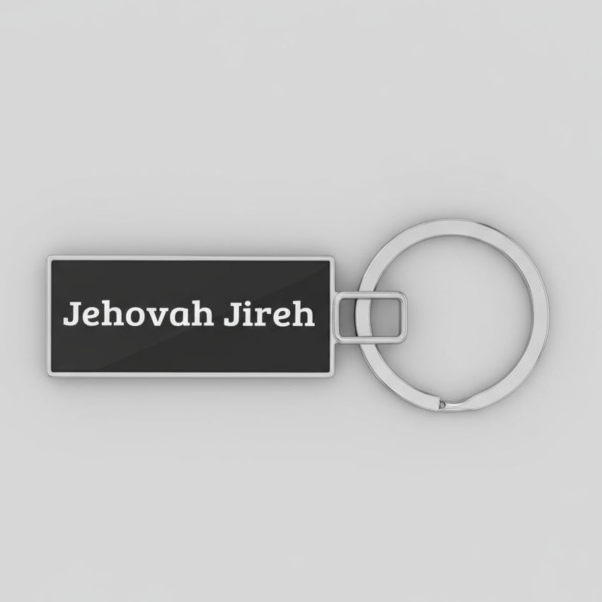 Keychain with 'Jehovah Jireh' text on a gray textured background