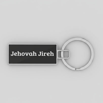 Keychain with 'Jehovah Jireh' text on a gray textured background