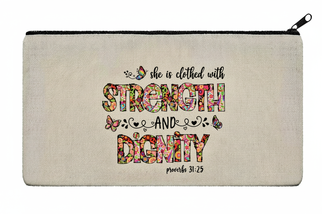 Canvas pouch with motivational quote 'She is clothed with strength and dignity' on a plain background